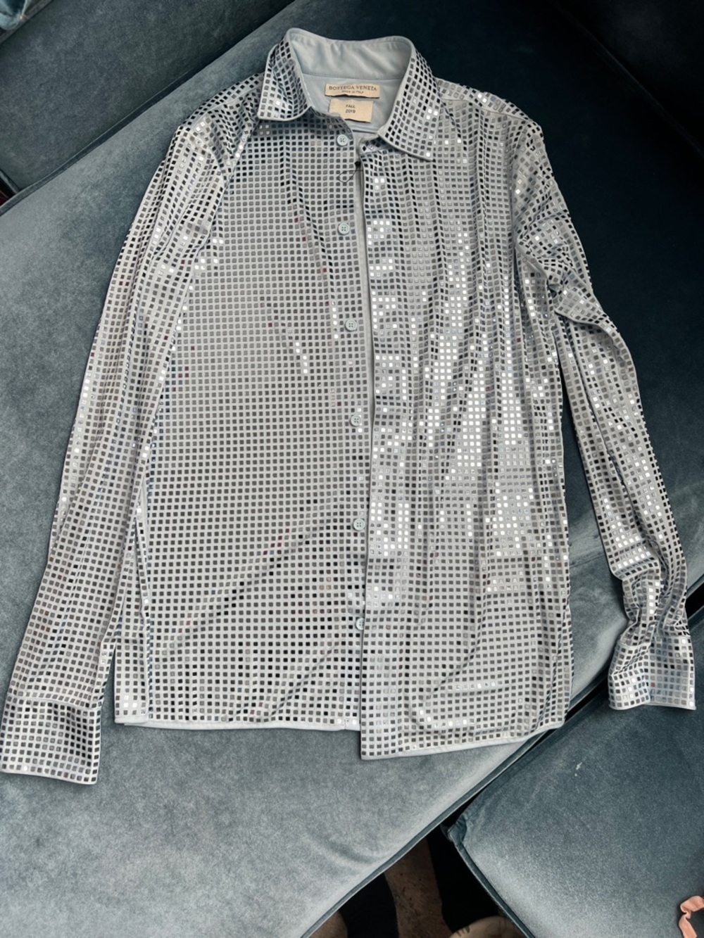 Bottega Veneta 2019 Silver blue metallic mirror Sequin Button Down Shirt size 40